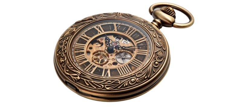 An ornate antique pocket watch with a visible clockwork mechanism.