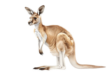 A red kangaroo stands on a black background, facing the viewer. Its ears are perked up and its tail is behind it.