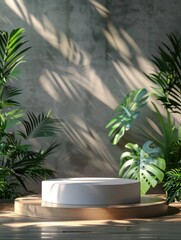 Obraz premium Simple modern podium with leaves in the background, no text or product display, highlighted by natural daylight, minimal design, 3D rendering, surrounded by leaves, mockup for presentation