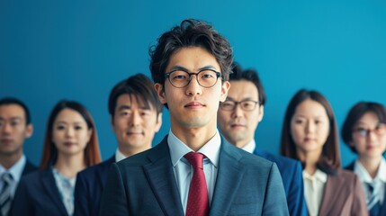 A group of people are standing together, with one man wearing a suit and tie. The man in the suit is the center of attention, looking directly at the camera. The group appears to be professional