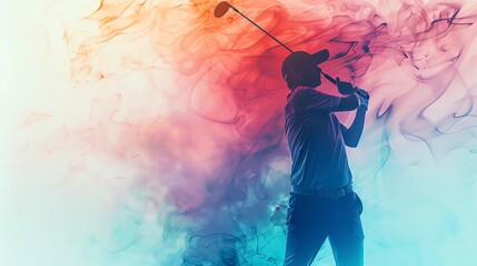 Silhouette of a golfer swinging a club with colorful smoke background, representing sports and dynamic motion.