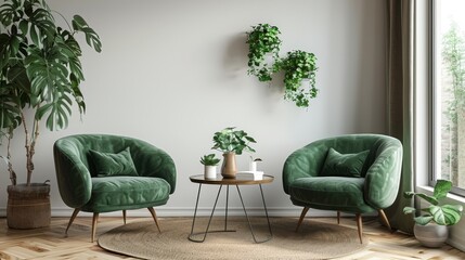 Home interior mock-up with green armchairs, table and decor in living room