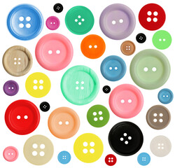 Many different buttons isolated on white. Sewing accessory