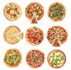 Different tasty pizzas isolated on white, collection