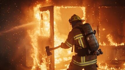 A firefighter is seen in a burning building, holding a fire axe and a hose. The scene is intense and dangerous, with the firefighter risking his life to save others. Scene is one of urgency