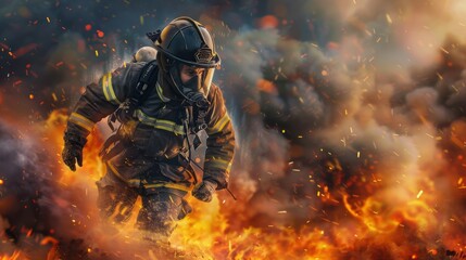Fototapeta premium A firefighter is running through a burning building. The scene is intense and dramatic, with the firefighter's helmet and gear clearly visible. The fire is raging and the smoke is thick