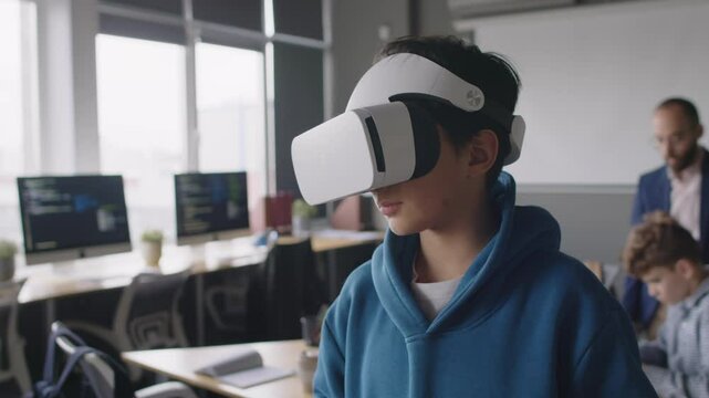 Medium close-up of teenage boy with augmented reality headset and controllers solving problem using immersive visual technology, manipulating virtual objects at after-school coding club