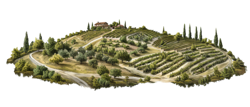Aerial view of a lush green vineyard with a farmhouse.