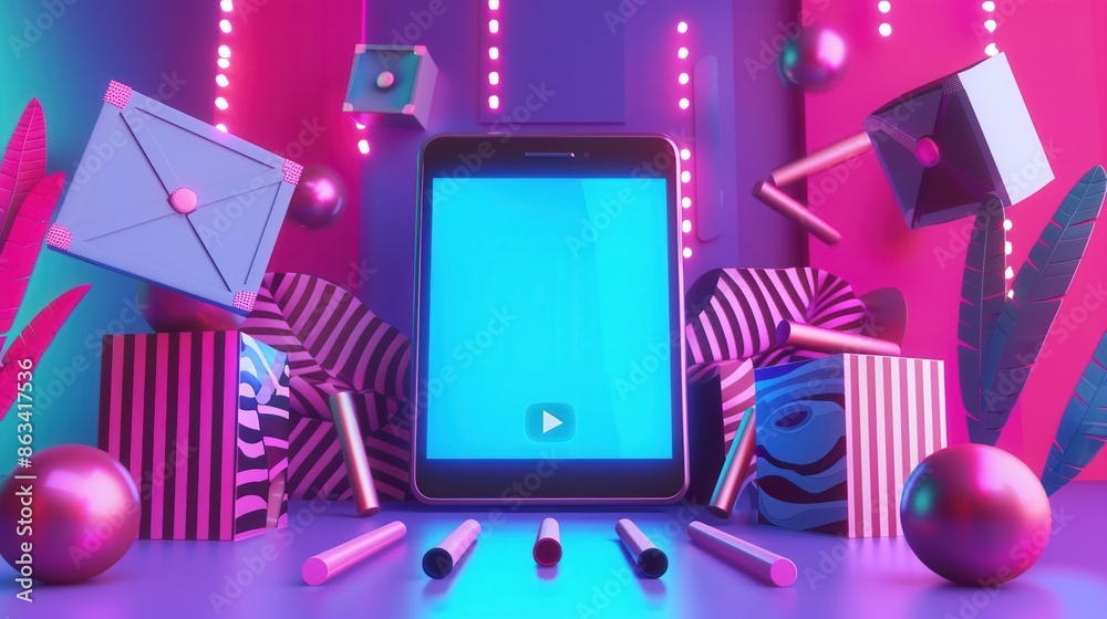 Aufkleber A smartphone with a bright blue screen displaying a video playback icon, set against a backdrop of neon lights and colorful geometric shapes. Generative AI