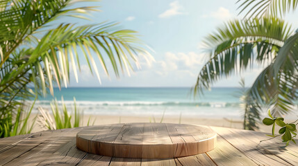 Fototapeta premium Beach resort backdrop in beach with palm tree leaves