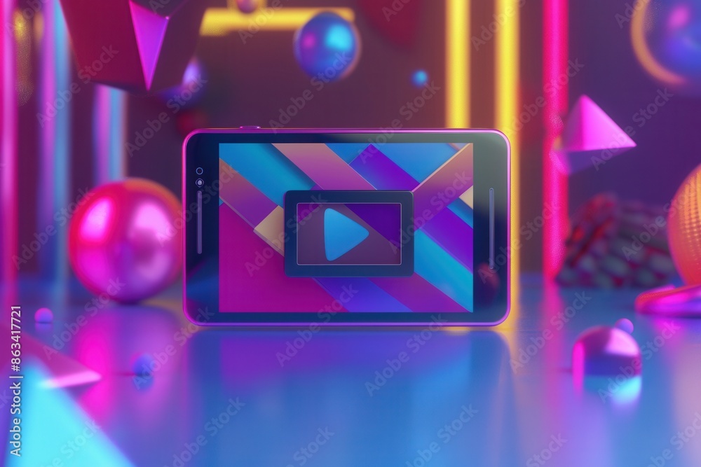 Aufkleber A smartphone displaying a video streaming interface with a play button in the center of the screen, set against a colorful neon background. Generative AI