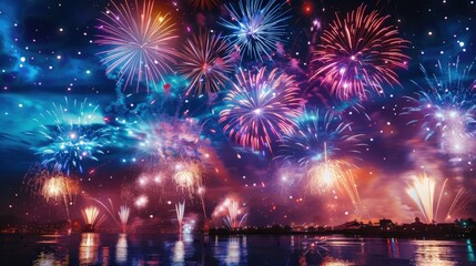 A fireworks display is lit up in the sky, with the colors of red, blue, and yellow. The sky is filled with bright, colorful sparks, creating a festive and lively atmosphere