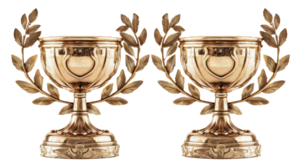 Two golden trophy cups with laurel wreaths, isolated on black background.  Perfect for awards, achievement, and victory concepts.