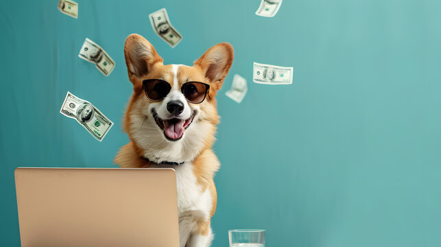 Rich cute cool successful business trader banker Corgi dog with sunglasses in front of laptop with cash banknote falling in blue background. Funny wallpaper