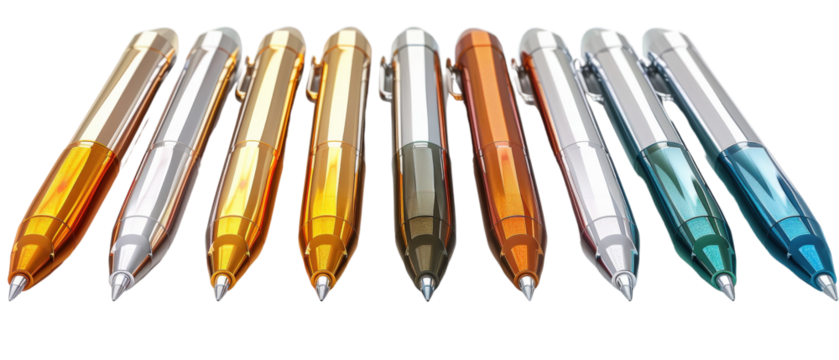 A row of colorful pens arranged in a rainbow pattern.