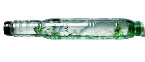 A glass bottle filled with green liquid.