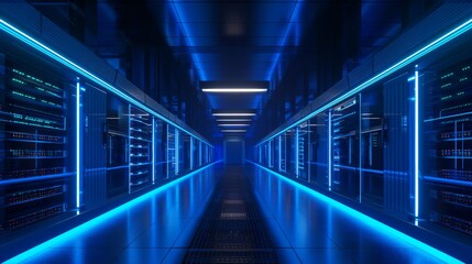 Fototapeta premium Futuristic Data Center with Blue LED Lighting, Generative AI