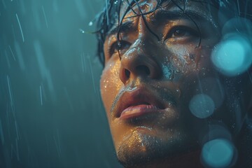 Lonely Asian Man in Darkness: Worried and Unhappy