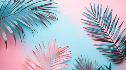 Palm tree leaves on colorful neon pink cyan backdrop banner background