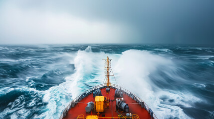 A large ship is in the middle of a stormy sea