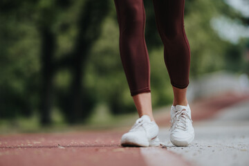 Close-up of a woman's legs clad in burgundy leggings and white running shoes, poised to start running on an outdoor track.