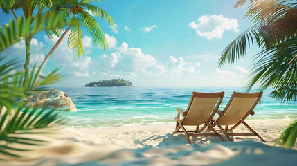 Fototapeta premium Two sun lounges chairs facing the ocean on beach summer holiday sunny day