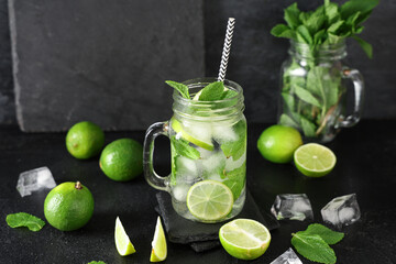 Mason jar of fresh Mojito cocktail with limes and mint on black background