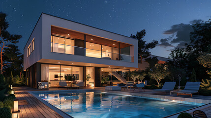 Expensive white mansion modern house in the night with a pool
