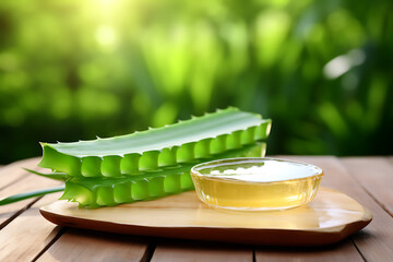 Fresh aloe vera leaves and aloe gel in glass jar on wooden table.