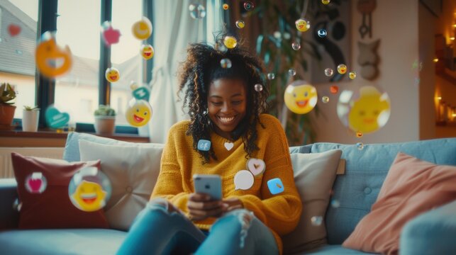 A smiling Black woman sits on a couch at home, using her smartphone, while digital social media icons, smiley faces, and e-commerce shopping symbols float around her. Generative AI