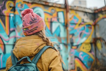 Obraz premium A graffiti artist wearing a distinctive pink hat and yellow jacket faces a vibrantly painted wall, showcasing urban artistic expression and the youthful spirit of creativity.