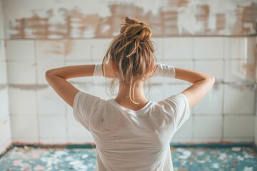 The woman continues her kitchen renovation project, focusing on the indoor environment's transformation as she applies white tiles to the walls, showcasing her DIY skills.