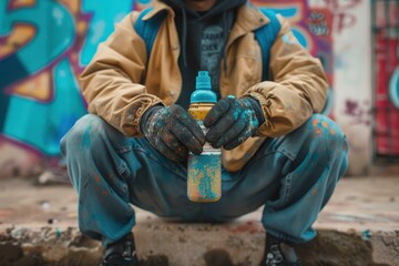 A graffiti artist in gloves holding a spray paint can, immersed in the act of creating street art with colorful graffiti as the background, expressing creativity.