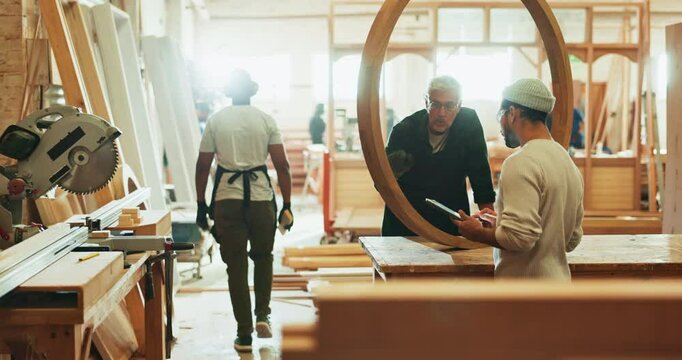 Mentor, working and carpenter with wood in workshop for furniture manufacturing for business. Men, internship and project manager training industrial apprentice with timber material in warehouse.