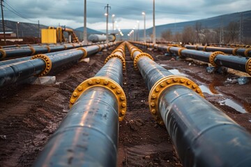 Multiple black pipelines with yellow bolts laying parallel in an industrial construction site, with a cloudy sky and distant infrastructure in the background.