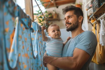A smiling man holds his baby close while standing beside hanging laundry in a sunlit room, capturing the essence of fatherhood, daily life, and familial love in a homey space.