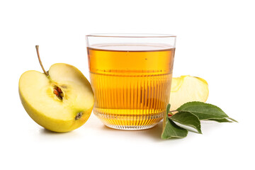 Glass of fresh apple juice on white background