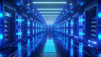 Fototapeta premium High-Tech Data Center with Blue Neon Lights, Generative AI