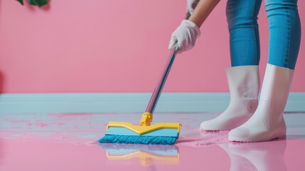 Woman in rubber glove cleaning floor with squeegee pink backdrop