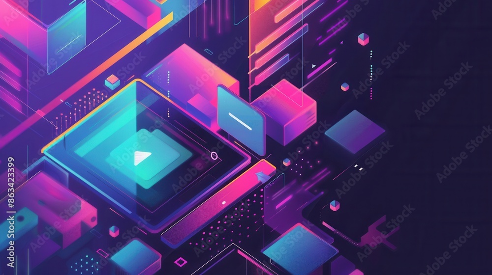 Poster A vibrant and dynamic abstract background with a device screen displaying streaming video, perfect for video bloggers and streaming services. Generative AI