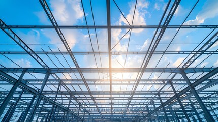 Steel roof structure for building construction. Metal roof structure of a building under construction on a blue sky background with white clouds. Selective focus