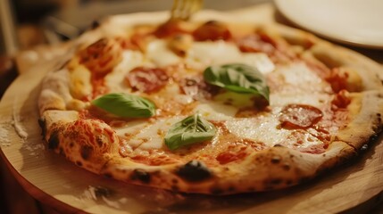 One whole pizza pie loaded down with a lot of pepperoni and mushrooms (and cheese) that looks absolutely delicious.