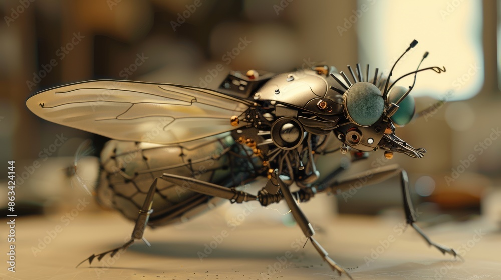 Poster A close up of a metal insect with large eyes and antennae, AI