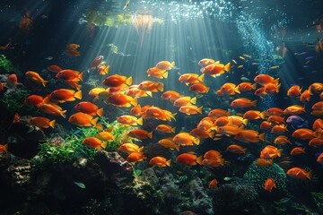 A shoal of orange fish swims gracefully under sunlight beams in an underwater setting, presenting a lively spectacle reminiscent of natural marine beauty.