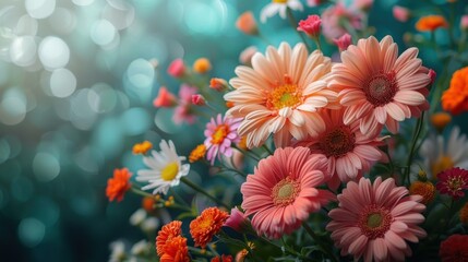Fototapeta premium Bright flower explosion on green background, highly detailed, commercial photography, even lighting, spacious copyspace