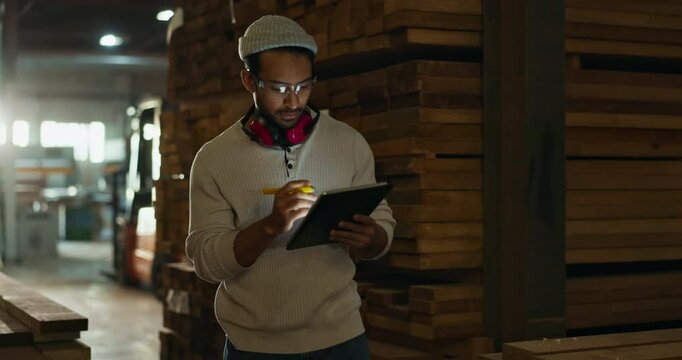 Man, carpenter and tablet in workshop for inventory or safety compliance and material or wood evaluation, Manager, online and quality assurance for carpentry assessment and digital documentation.