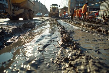 Fototapeta premium A backhoe is actively operating on a muddy urban street, with construction workers and vehicles around, showcasing a high level of activity and urban development.