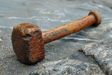 Fototapeta premium A weathered wooden hammer with a rugged handle lies on a rough rocky ground, hinting at extensive use in outdoor or rugged environments where precision work is essential.