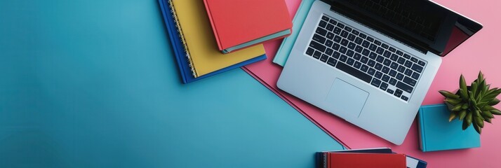 A colorful desk with a laptop, textbooks, and a potted plant, symbolizing modern learning methods and online education. Generative AI