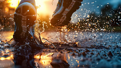 Close-up of a runner's feet splashing through a puddle with a dramatic sunset in the background, capturing movement and energy.